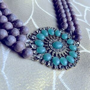 Gray Beaded Turquoise Rhinestones Gold Necklace 19” Center Pendant 2.5”